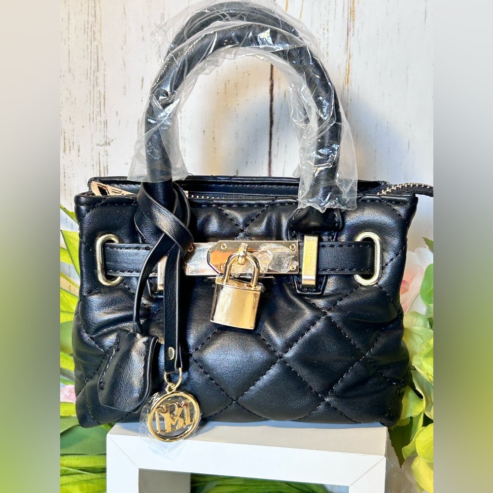 Badgley Mischka Mini Black Diamond Quilted Crossbody Bag with Gold Accents NWT